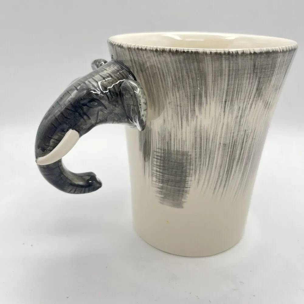 Pier 1 Ceramic Handpainted Stoneware Elephant Coffee Cup Mug Face Handle Large